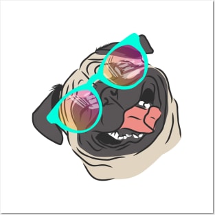 happy pug dog in rainbow glasses Posters and Art